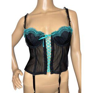 Y2K Grungy Black & Turquoise‎ Bustier Corset Garters 32B